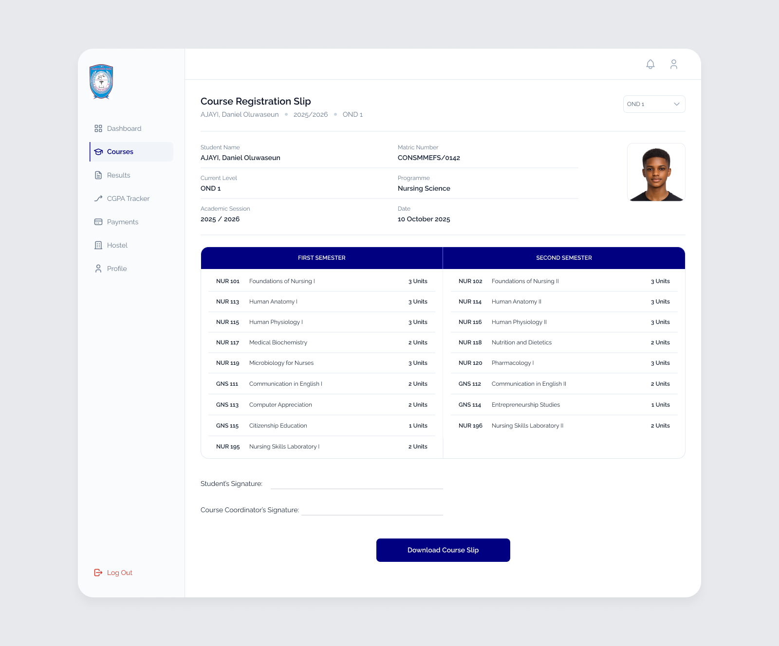 CONSMMEFS — Course Registration Screen